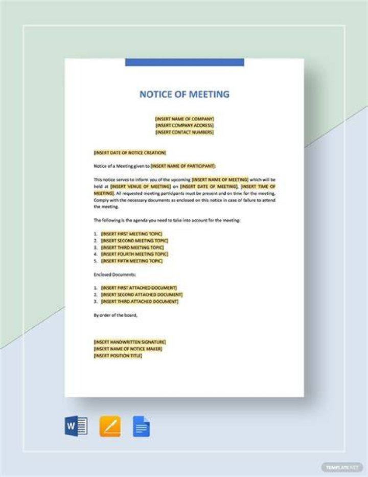 What should be included in a notice of meeting?
